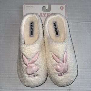 Playboy Bunny Logo Women’s Large 8-9 Memory Foam Cream Pink Bunny Slippers NEW